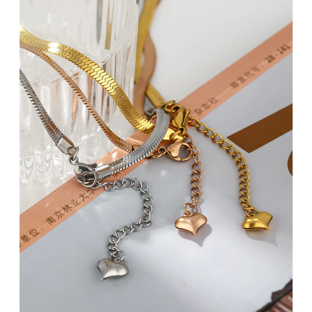 JINYOU 1972 Waterproof Trendy Fashion 18K Gold Plated Stainless Steel Flat Snake Chain Necklace Jewelry for Women