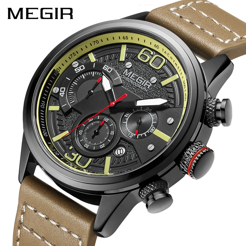 2022 MEGIR 2110 Fashion Mens Watches with Leather Strap Top Brand Luxury Sports Chronograph Quartz Watch Men Relogio Masculino