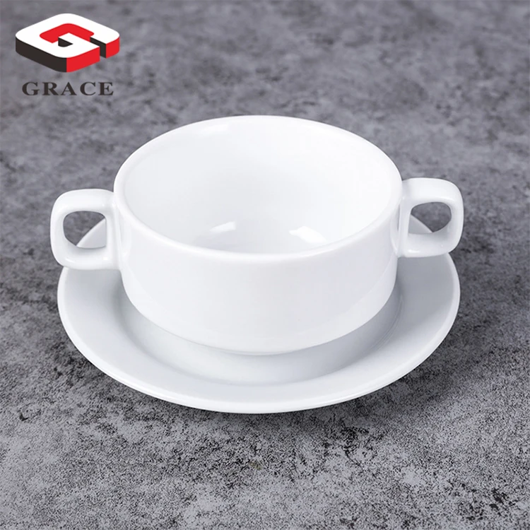 Wholesale double ear ceramic soup bowl set Restaurant supplies porcelain tabalware rice soup bowls for sale