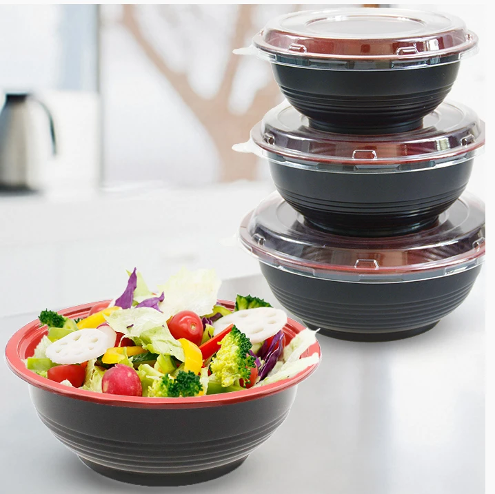 Quality Black Red Disposable Soup Salad Noodle Food Container Plastic Microwave Poke Bowl With
