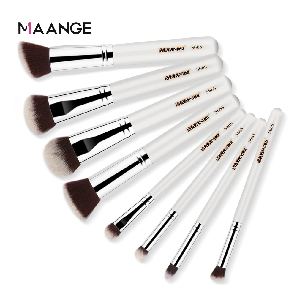 Maange Private Label Wholesale 8 pcs Wood Handle Brow Makeup Foundation Brush Vegan Makeup Brushes