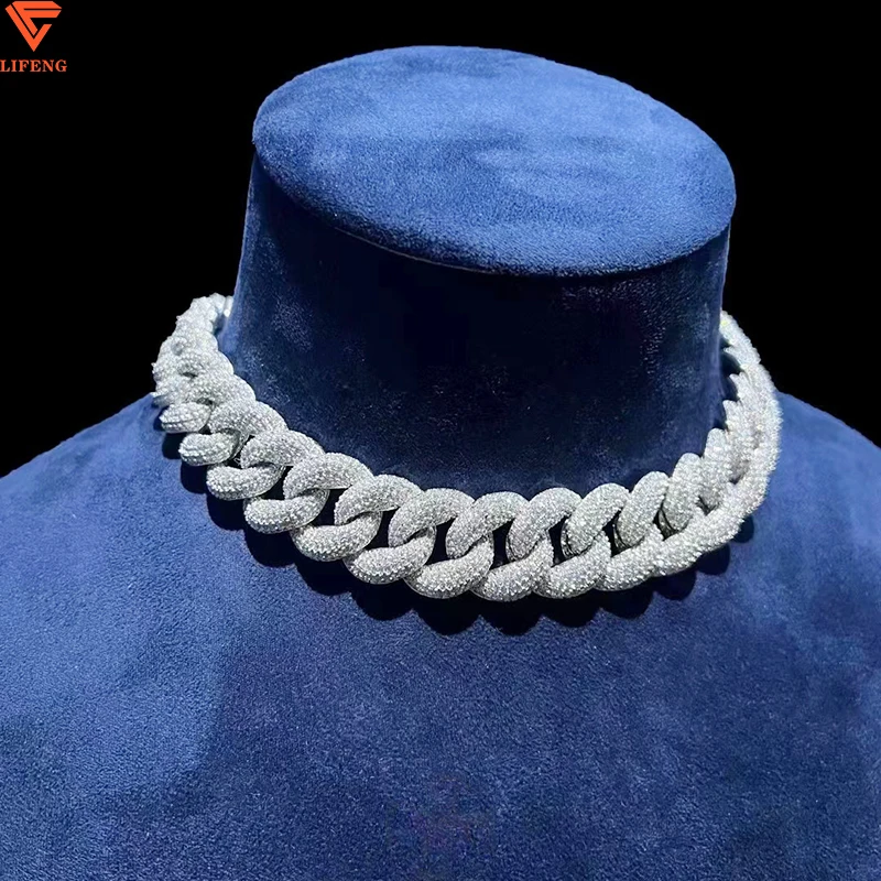 18MM 925 Sterling Silver Miami Cuban Necklace Iced Out Hiphop Moissanite Diamond White Gold Color Cuban Link Chain Necklace