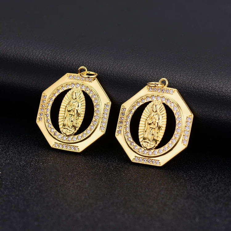 Micro Insert Zircon Octagon Pendant 14K Gold Plated Virgin Mary Charm Pendant