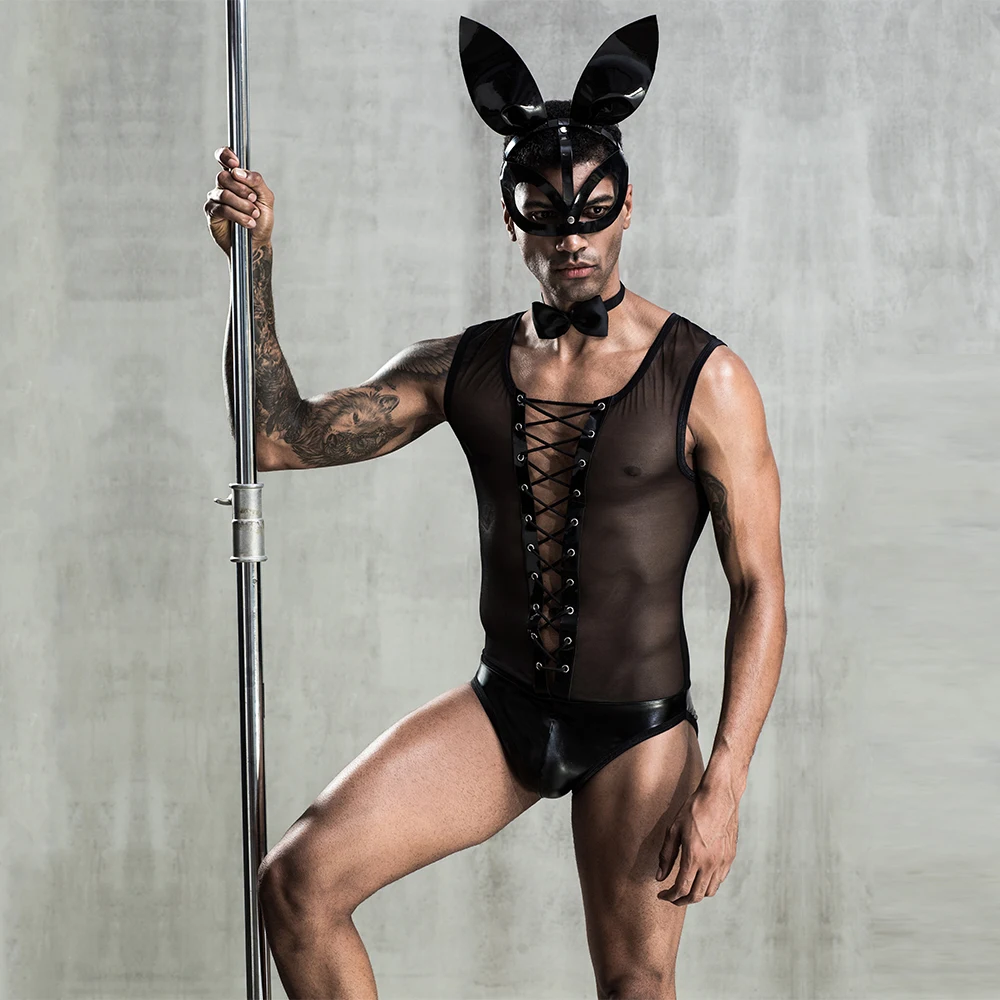 black mesh bodysuit lingerie and rabbit mask cosplay mens bunny Lingerie Sexy Bodysuit Bunny Suit Role Play Costume halloween