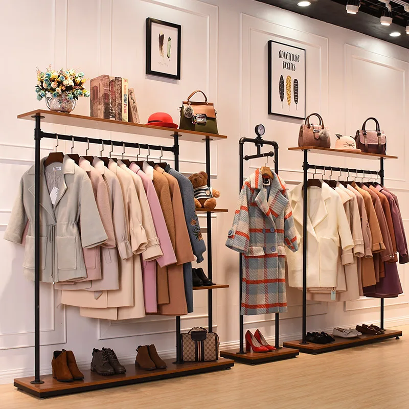 Iron Pipe Display Stand Racks For Clothing With One Wood Shelf Clothes Rack Hanger With Wheels