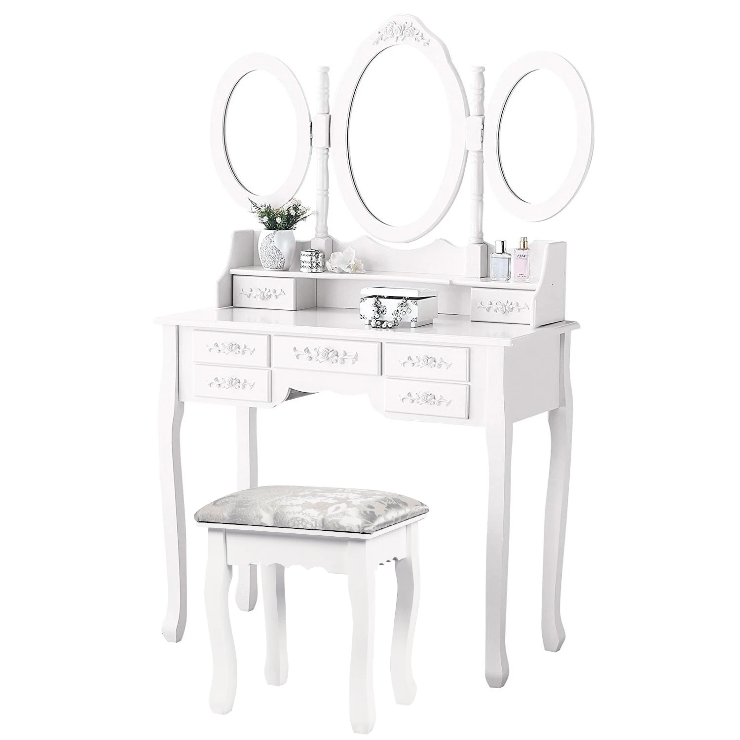 ZJH Vanity Table Modern Makeup Dressing Table with Tri-Folding Mirror Cushioned Stool