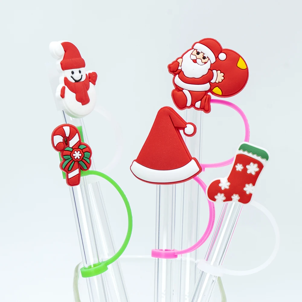 8mm Wholesale Custom reusable splash proof drinking straw cover silicone Christmas straw toppers