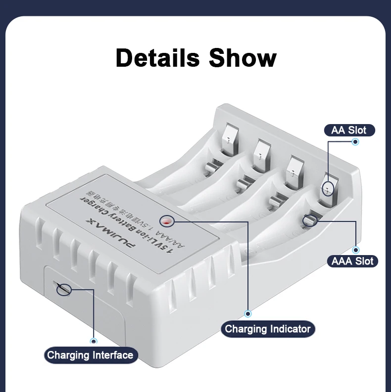 PUJIMAX 1.5v lithum-ion battery charger set 4 slots rechargeable battery charger with 4 pcs li-ion batteries with usb cable
