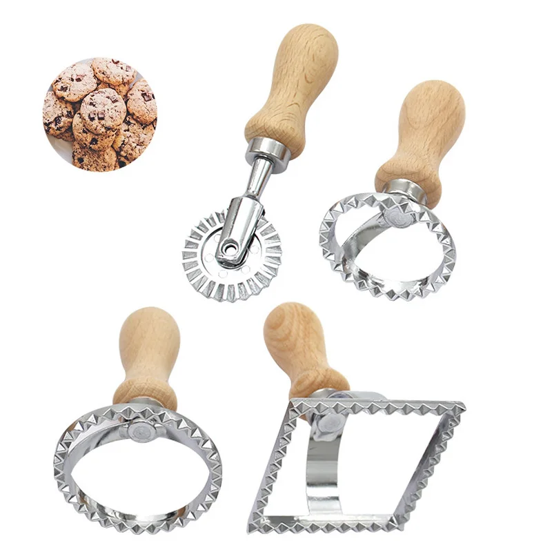 Wooden Handle Noodle Press Roller Cutter Kitchen Zinc Alloy Dumpling Molds Household Mini Multi-Function Cookies Press Cutter