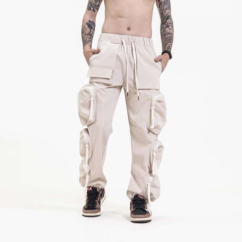 
Fashion streetwear drawstring zipper overalls six pocket wear resistant mens cargo pants 
