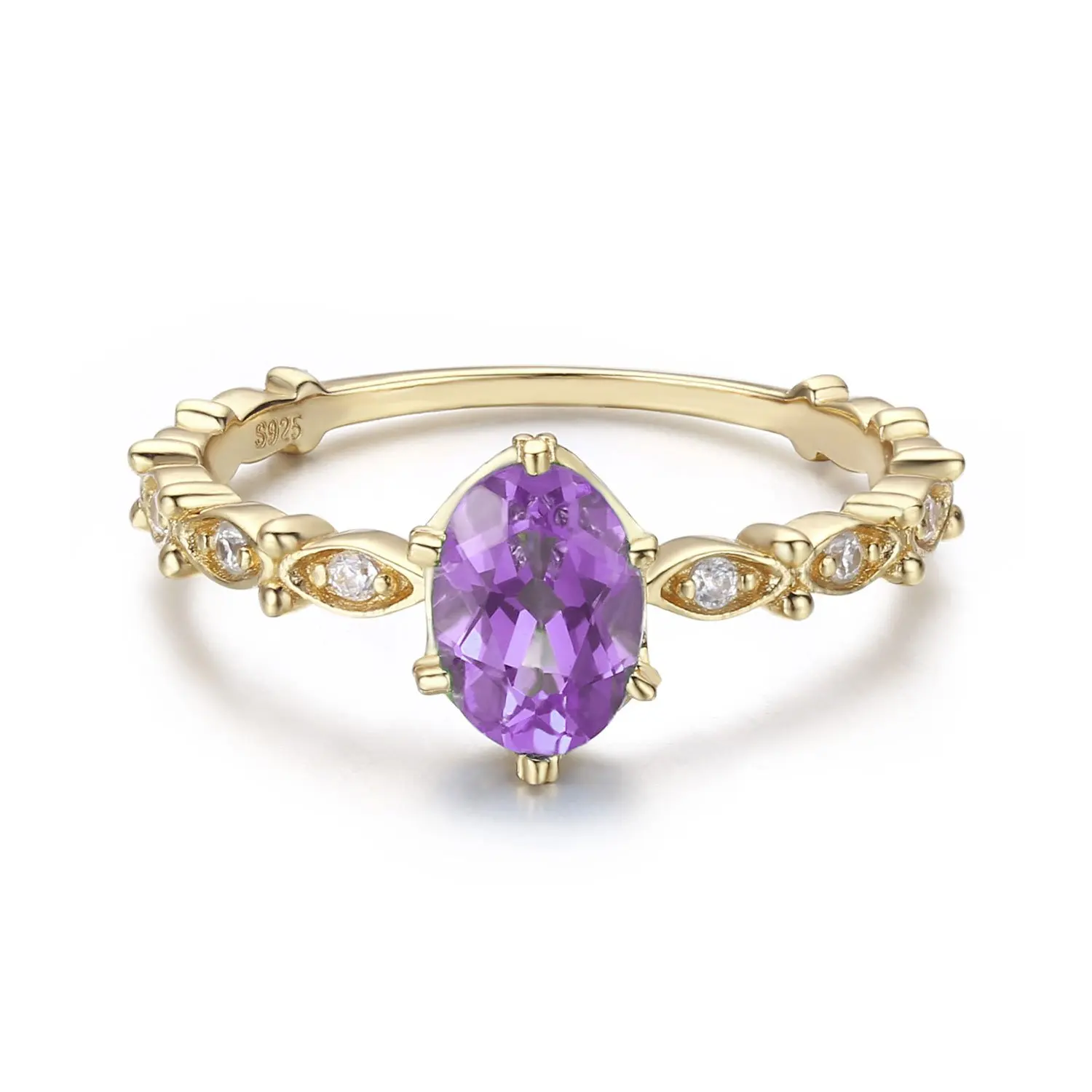 14K Gold 925 Sterling Silver CZ Jewelry Natural Stone Dainty Amethyst Ring For Women
