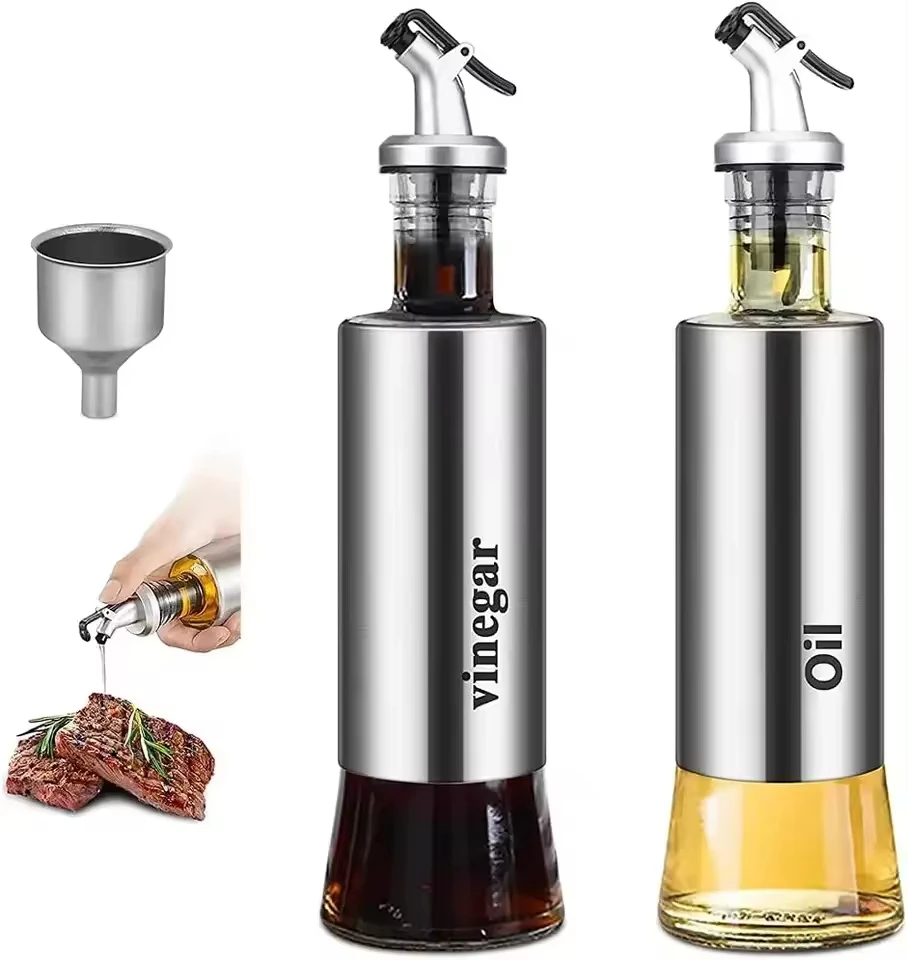 Visible Oil Dispenser Bottle with Lever Release Spout for Oil Stainless-steel Glass Oil and Vinegar