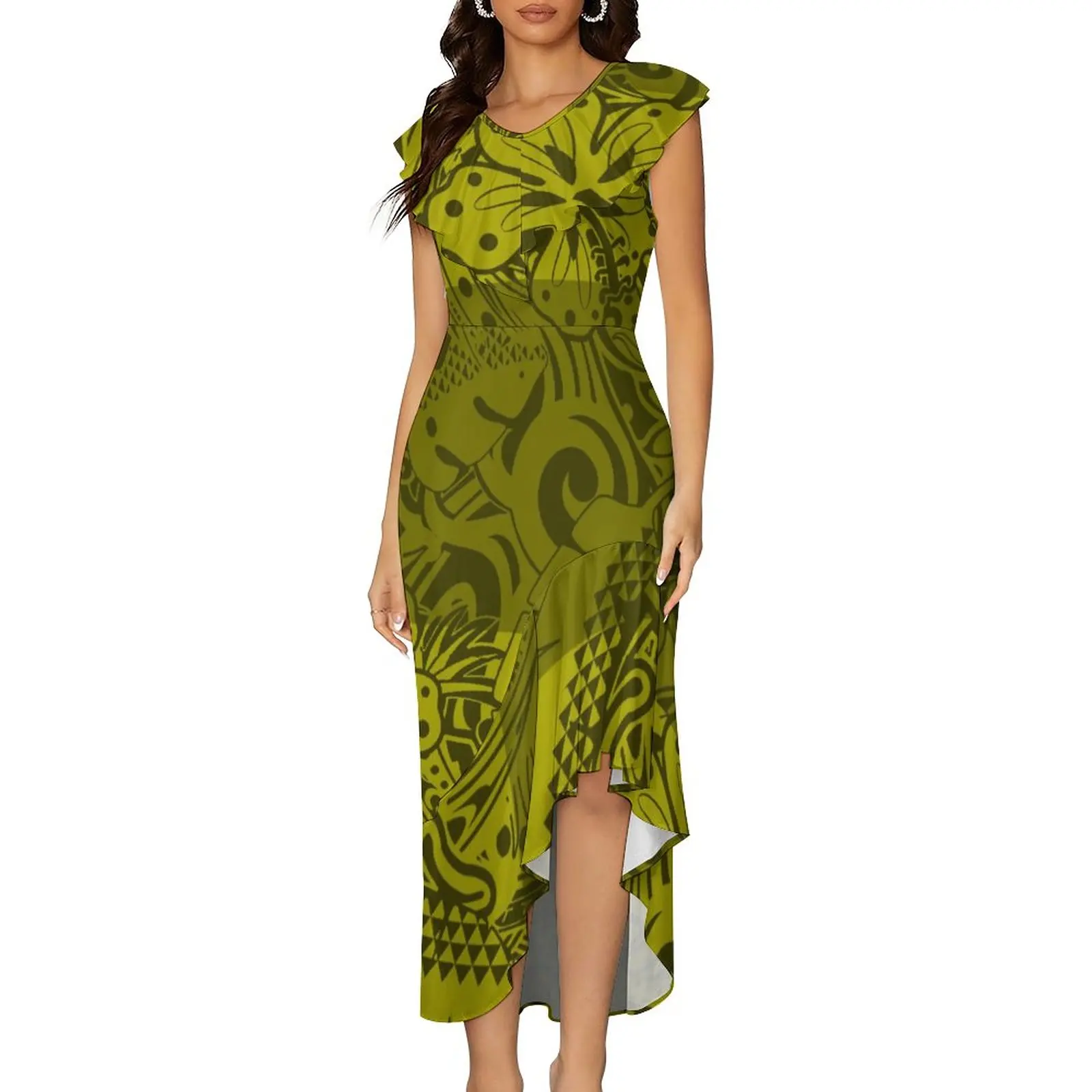 pacific island ruffles slim fit sexy ladies dress tropical printed summer elegant party hawaiian polynesian tribal design dress