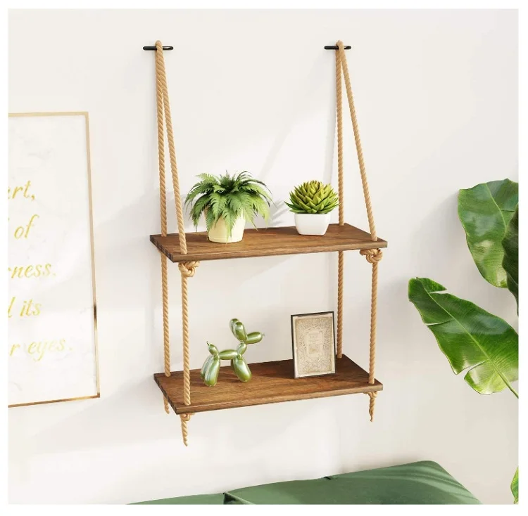 Hanging Wall Shelves Swing Rope Floating Shelf 2Tier Bamboo Storage Shelves for Living Room Bedroom Bathroom and Kitchen