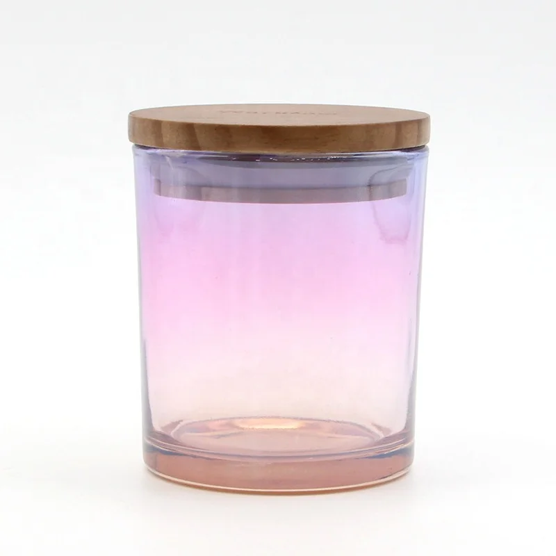 
New Product Iridescent Round Glass Candle Jar with Wood Lid 