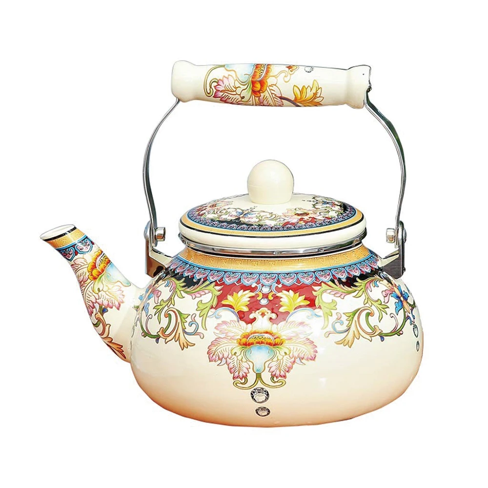 Traditional vintage 2L white cream ivory custom flower pattern whistle enamel metal kitchen coffee water coffee kettle teapot