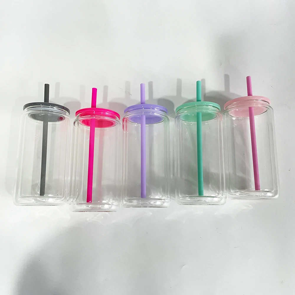 USA warehouse custom 12oz 15oz clear double wall DIY glitter blank sublimation snow globe beer glass can with plastic lids