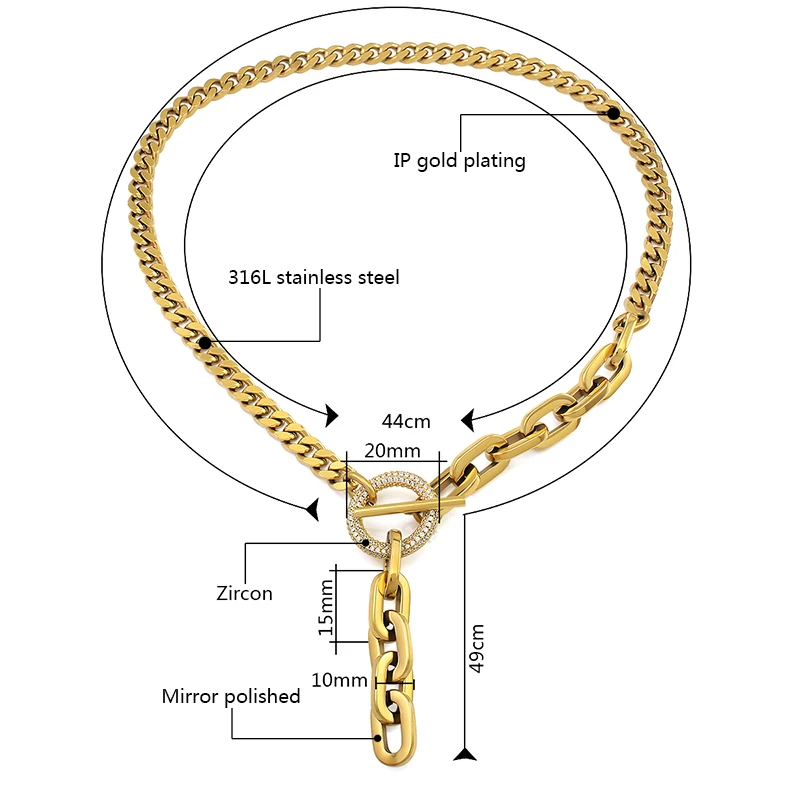 Round Circle Rhinestone Crystals Link Lock Stainless Steel Cuban Link Chain Pendant Necklace Choker Statement Necklace