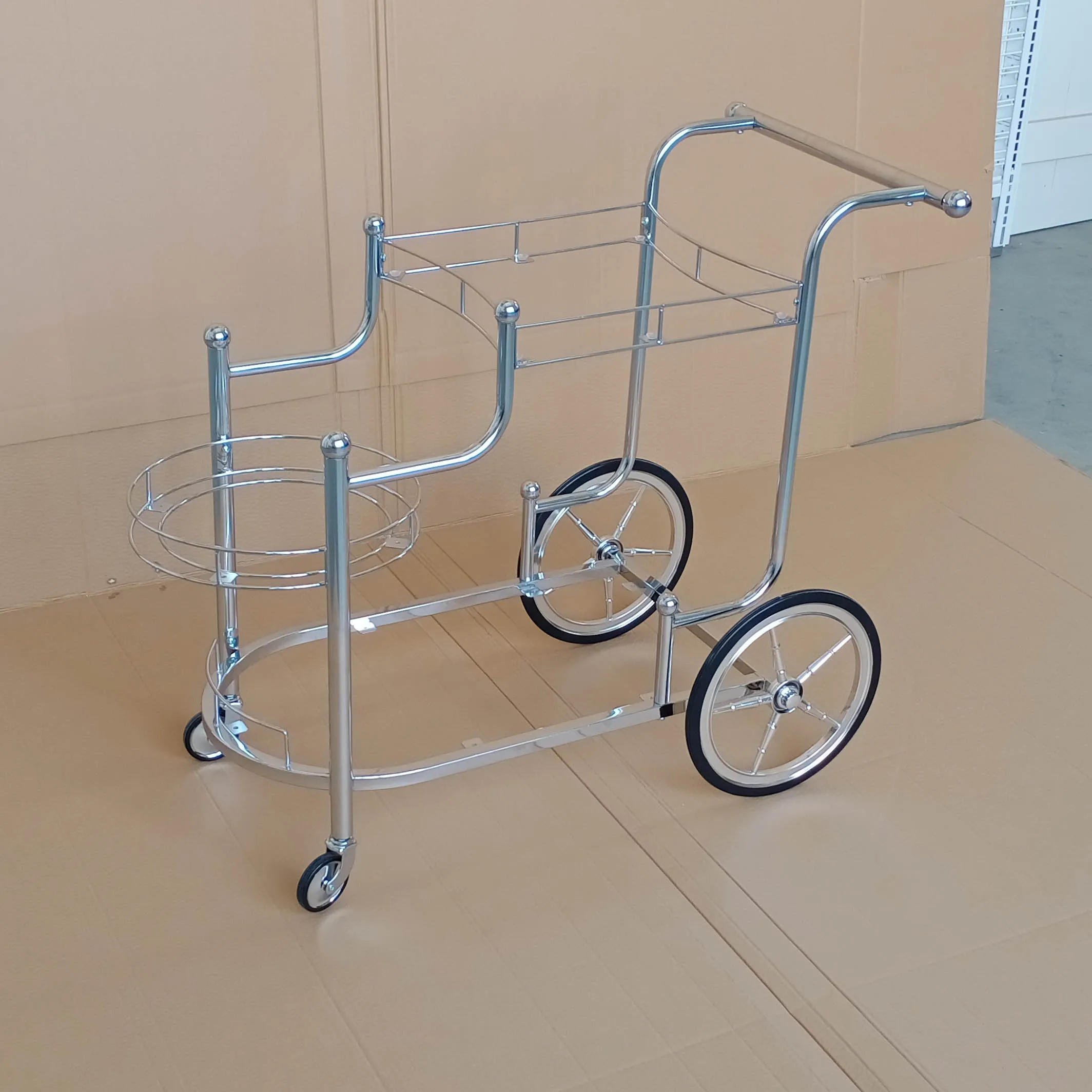 Custom Luxury Metal Drink Wine Display Racks Trolley Gloss Silver Bar Cart