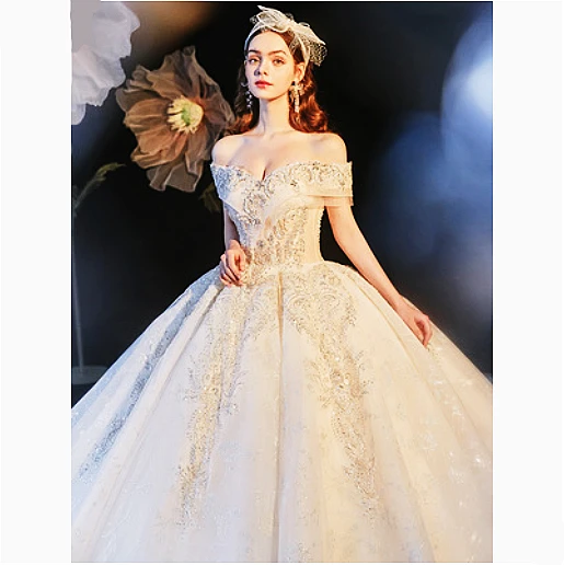 Лидер продаж на Amazon eBay, Новое свадебное платье, Элегантное свадебное платье цвета шампанского с одним плечом и блестками в стиле принцессы