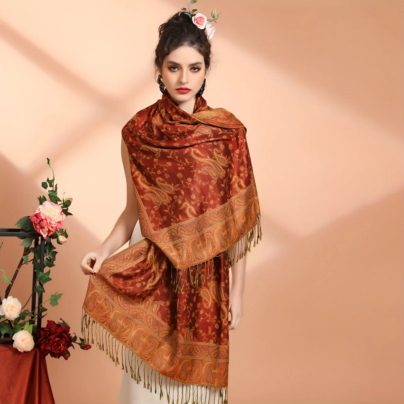 Hot Selling Fashion Dark Olive Ethnic Scarves Vintage Soft Silky Reversible Paisley Pashmina Shawl Wrap Scarf With Tassels