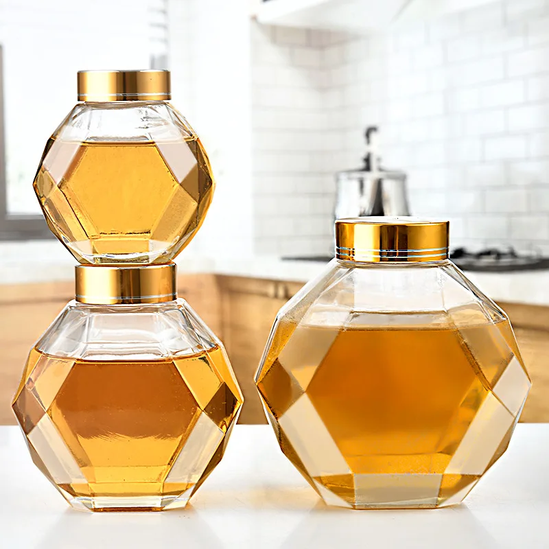 Wholesale Honey Glass Jar Hexagonal Glass Container Storage Bottle With Bamboo Cover Cork Custom Glass Honey Jar
