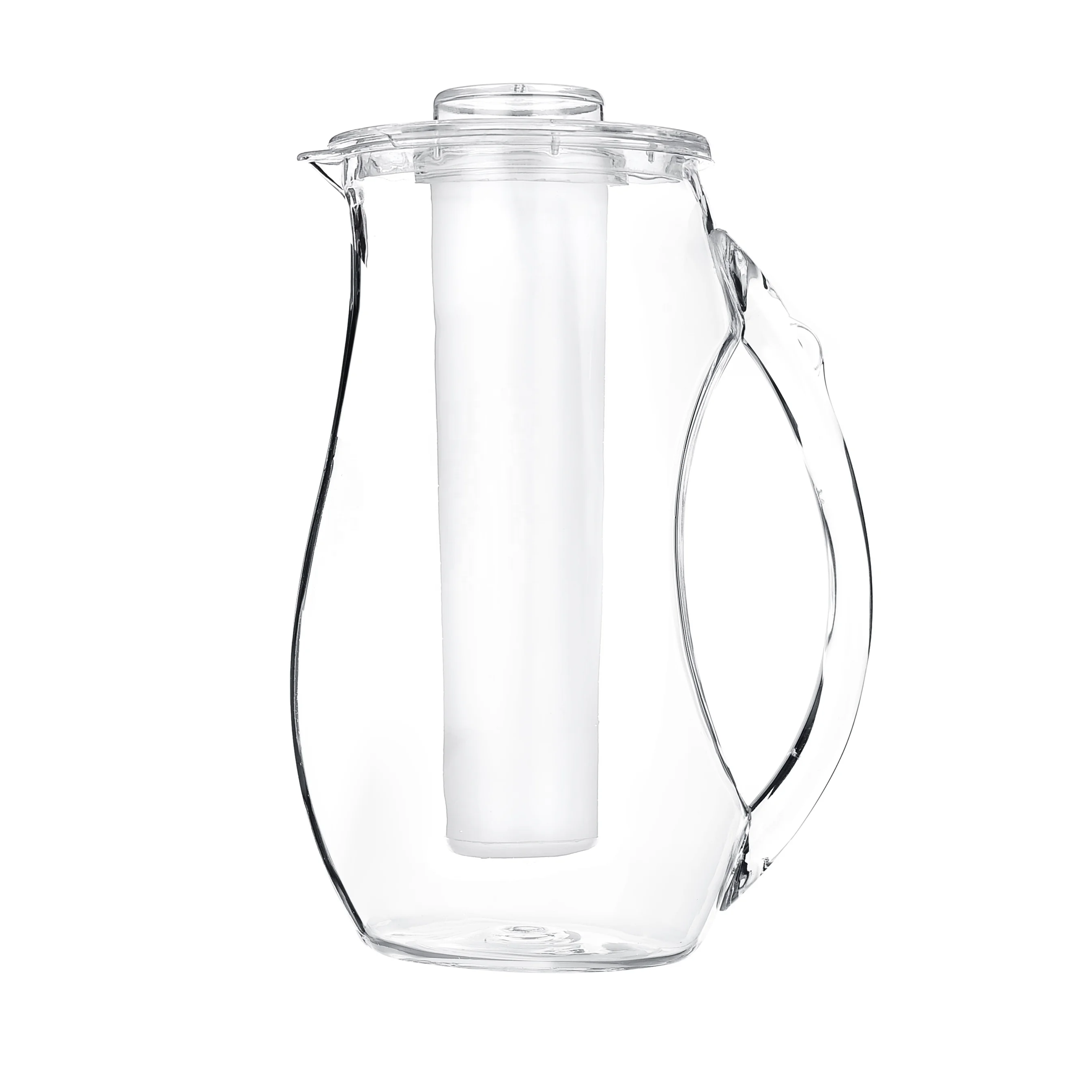 2.5L crystal clear plastic water carafe with cooling filter inserted and fruit infuser