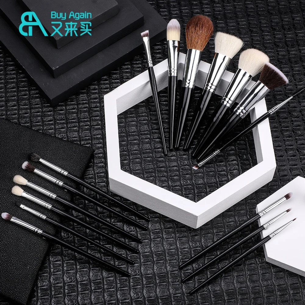 Wholesale luxury professional Makeup Artist brush set tools cruelty Free16pcs black natural goat hair makeup brush set with bag