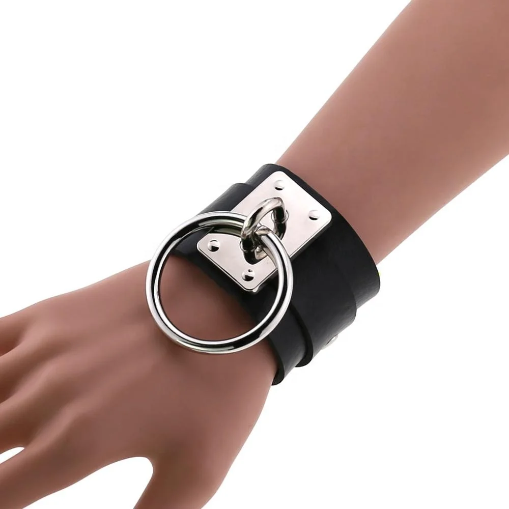 Punk Oversized Double Layer Leather Band Cover Wrist Bracelet Bondage BDSM Silver Metal O Round Gothic Bangles