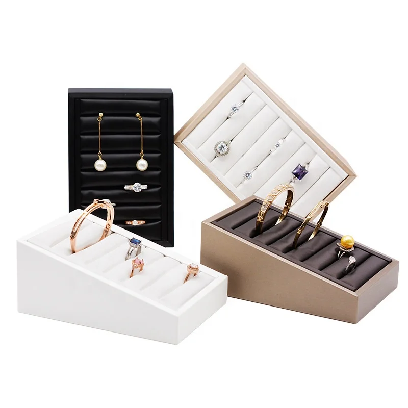 Custom color ladder shaped PU leather window rings jewelry display rack stand small jewelry tray for bangles bracelets earrings