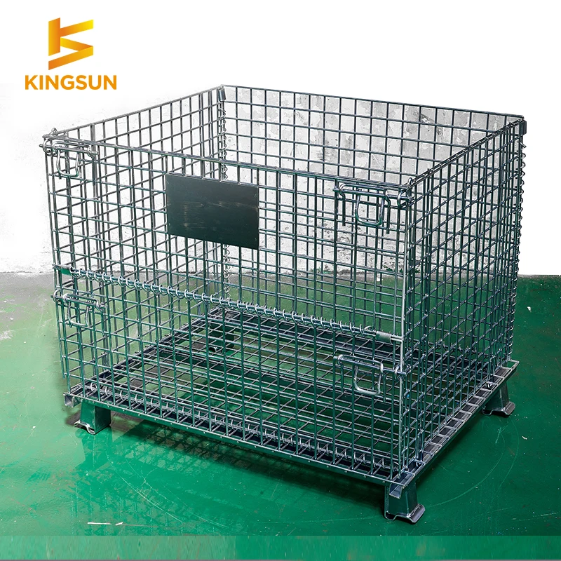 Kingsun Storage Foldable collapsible steel stackable galvanized folding wire mesh pallet wire mesh container roll cage