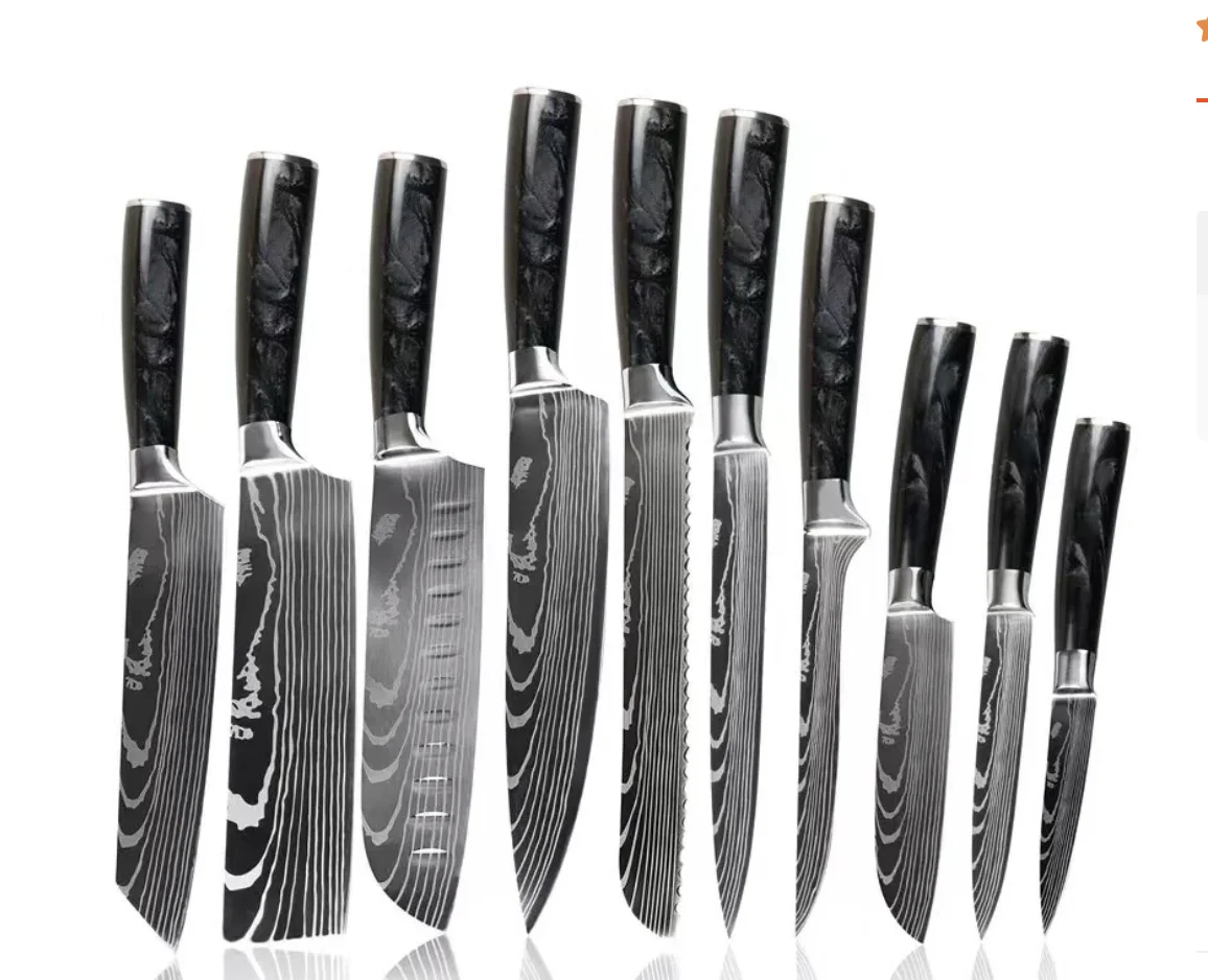 Professional 3pcs  steel  damascus laser patter throwing kitchen knife gift set with  wooden acacia block and PAKKA handle