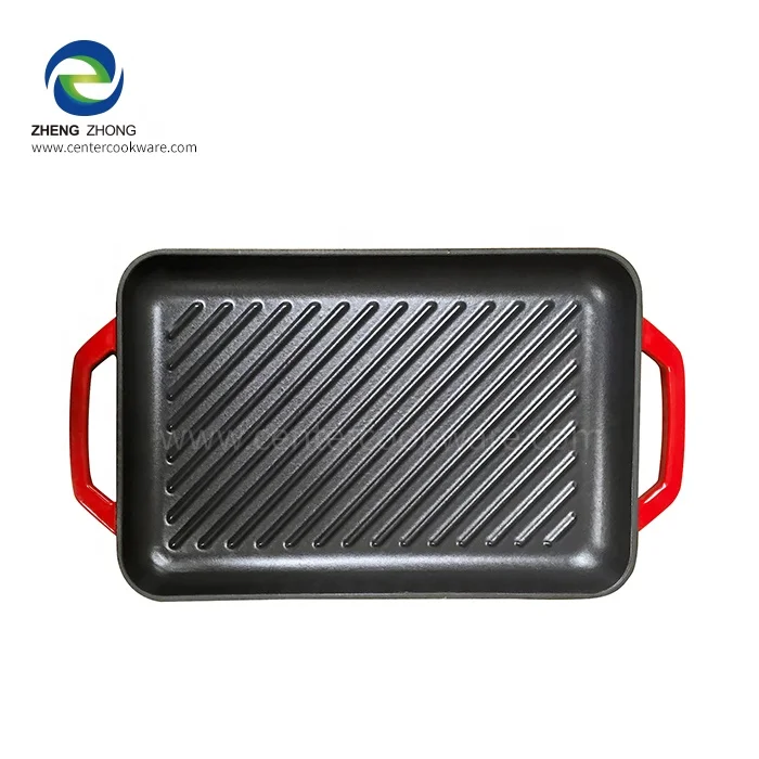 Wholesale cookware Rectangle Enamel Cast Iron Induction baking Roasting Grill Plate Griddle Bbq Plate Grill Pan