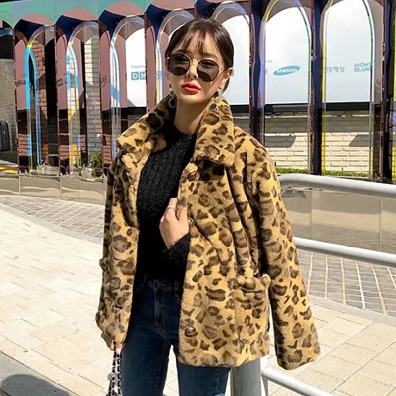Europe and America Hot Top Selling Leopard Print Eco-friendly Rex Rabbit Overcoat Jacket Faux Fur Coat With Lapel Big Pockets