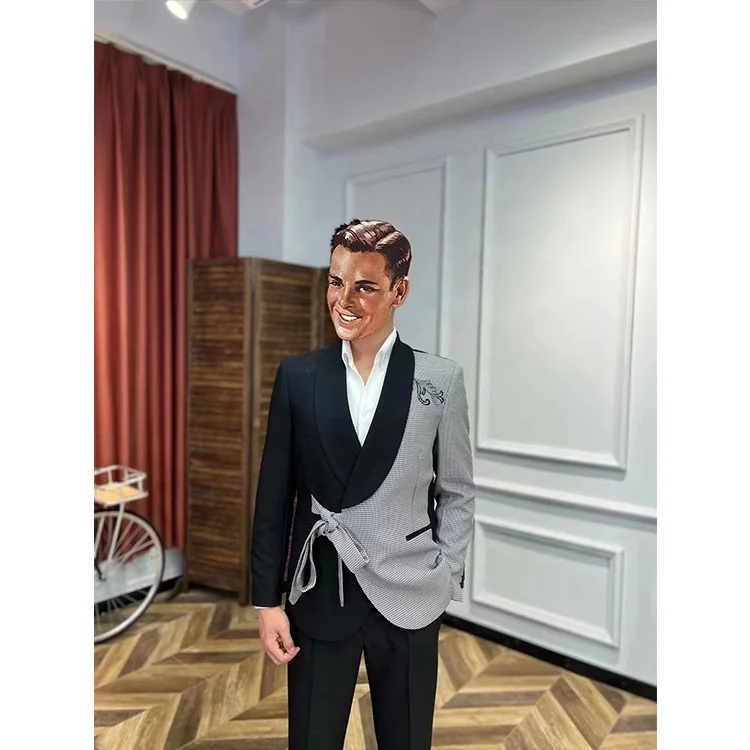 Wholesale Male Fashion Embroidered Suits Splicing Plaid Coats Belted Wedding Blazers