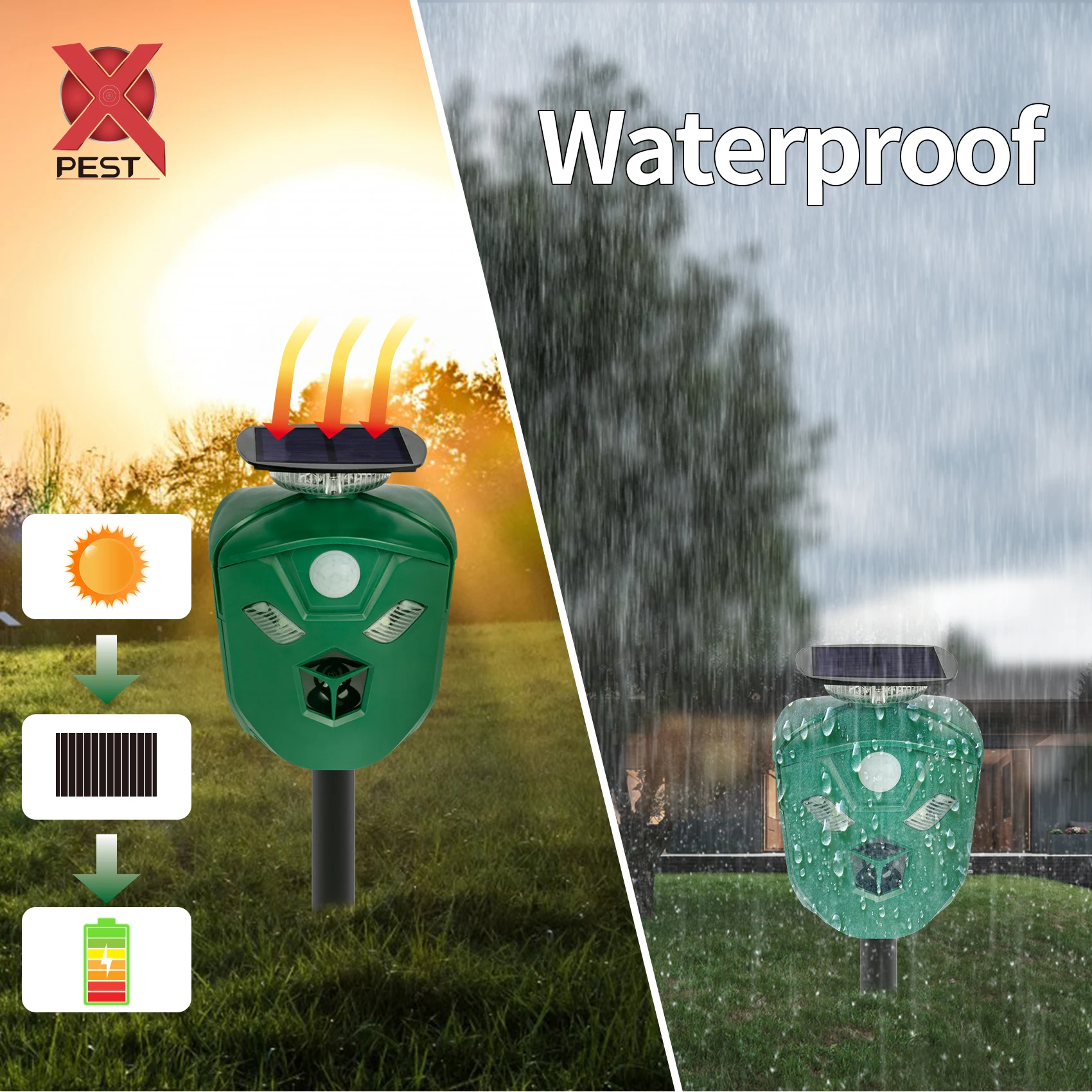 X-Pest AR16 360 Outdoor Deterrent Flashing LED Light and Alarm Sound  Ultrasonic Deer/Cat/Monkey/Wild Pig/Bird Repeller