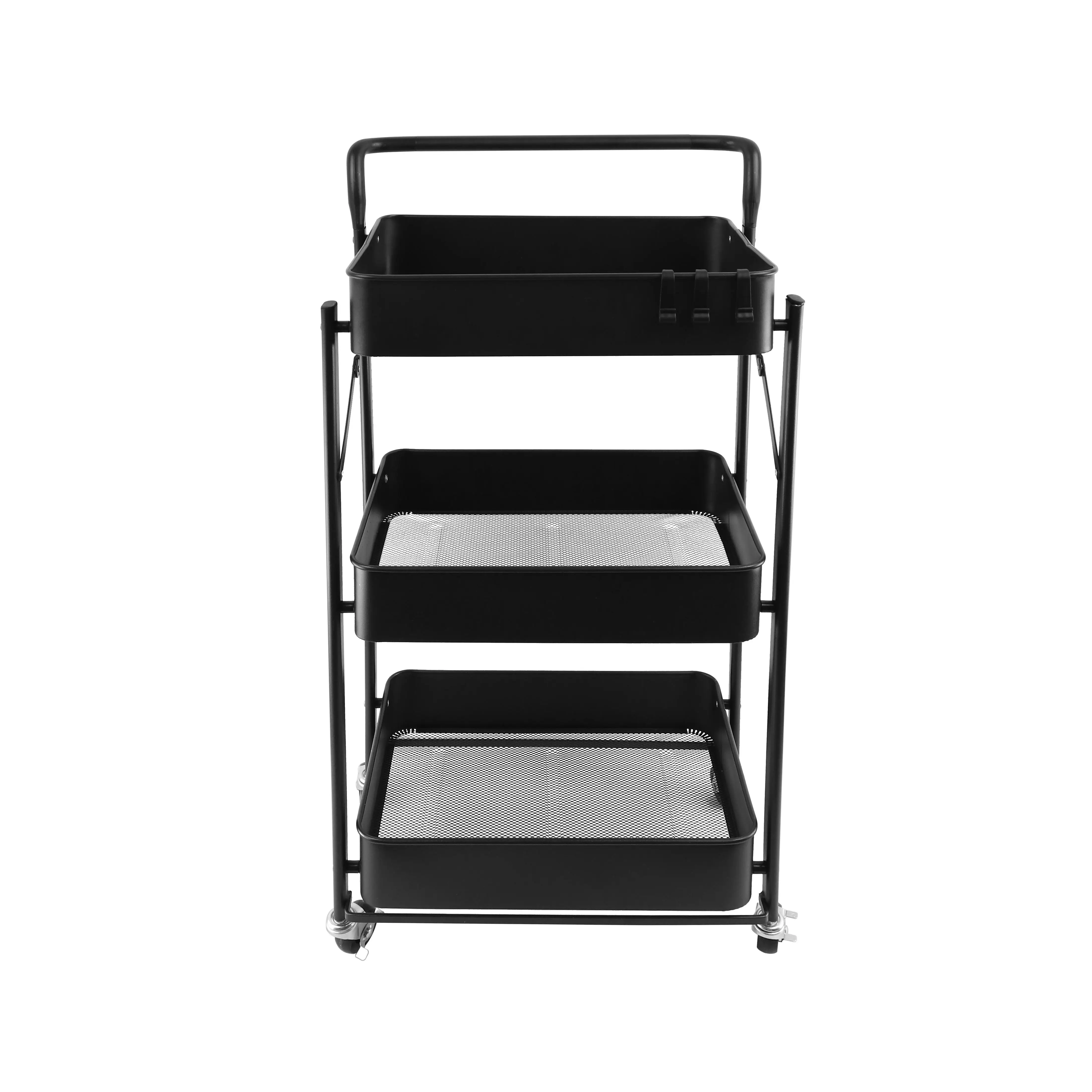 Foldable Metal hand carts & trolleys 3 tier with wheels black color