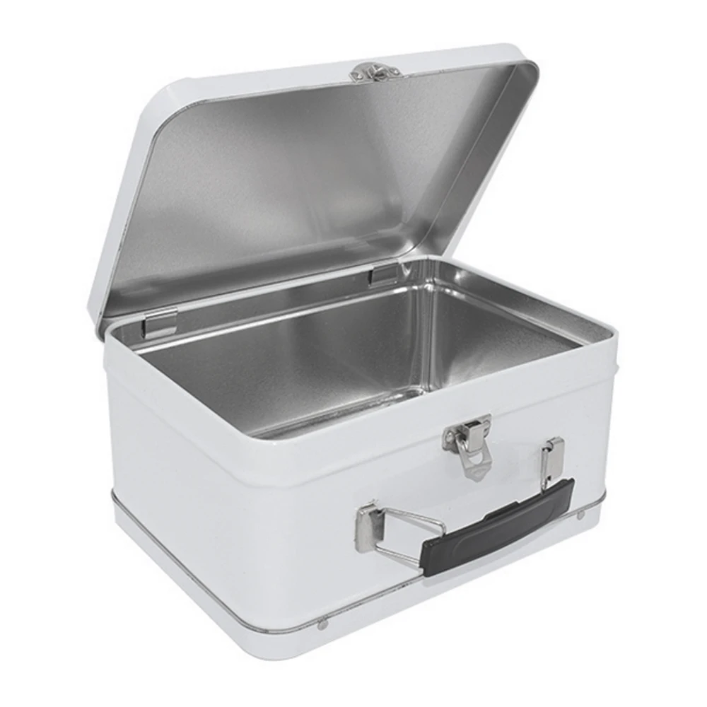 
White Plastic Handle Lunch Tin Metal Box 