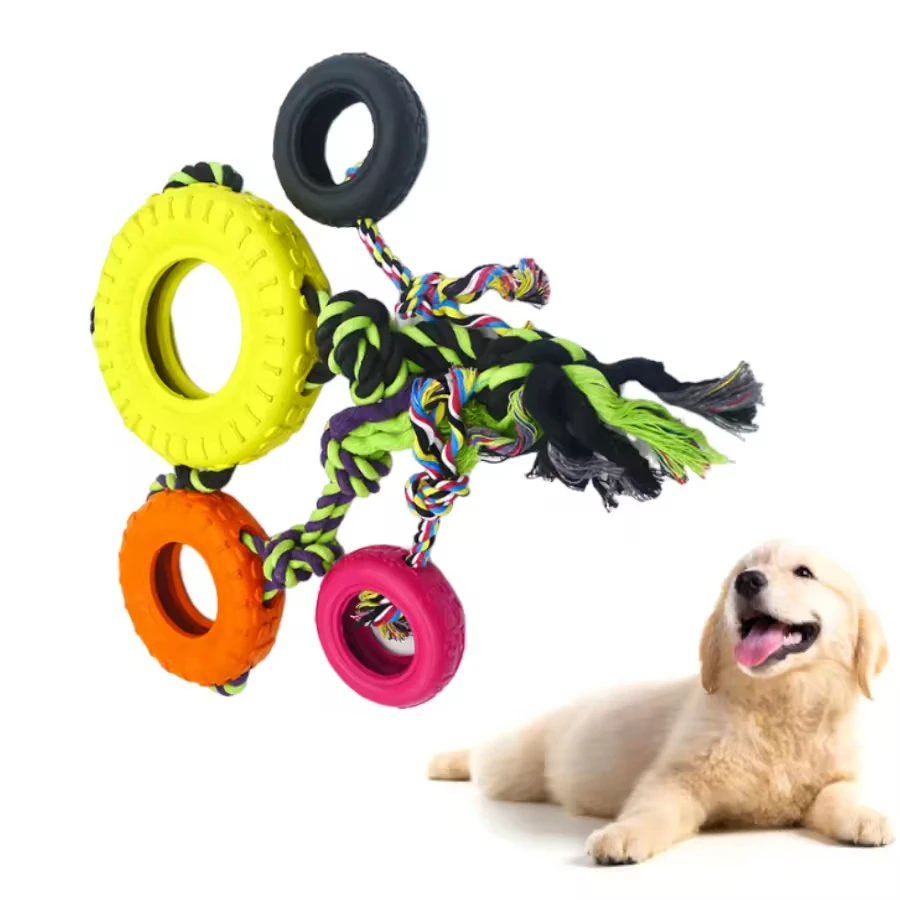 Custom Interactive Rubber Dog Toy Durable Pet Chewing Toy Rubber Dog Tire Toy With Rope