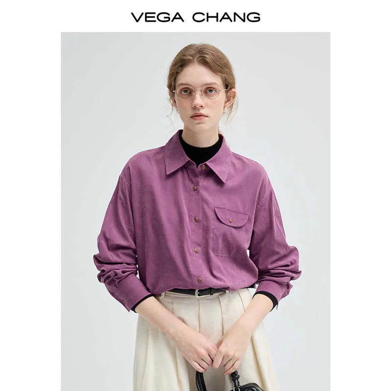 Vega Chang женская фиолетовая Новая повседневная рубашка в стиле ретро простой Свободный топ с длинными рукавами и начистым