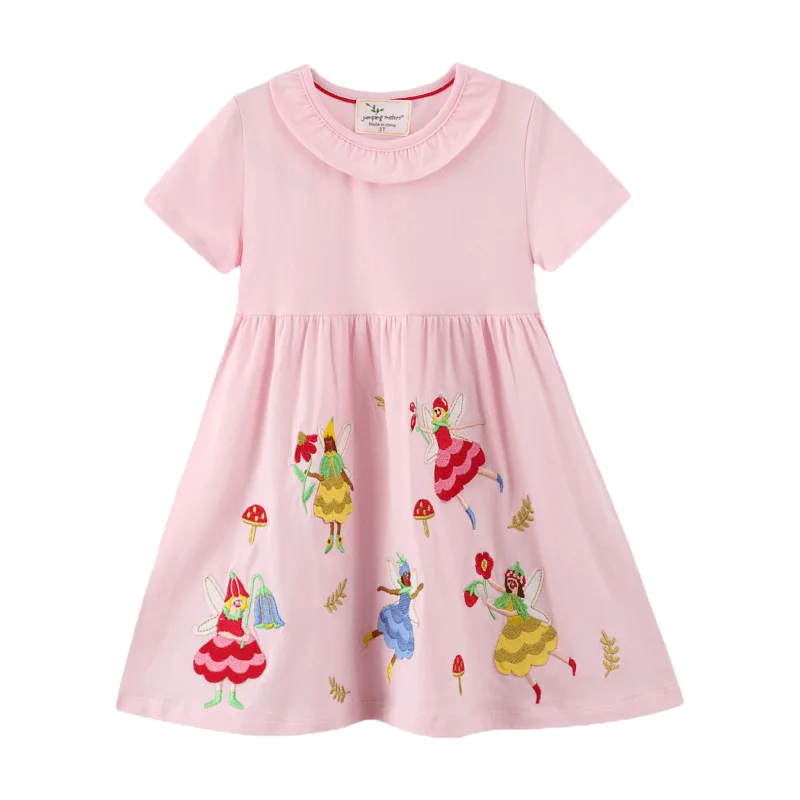 2022 Fashion Cute Korean Stylish Cotton 3D Flower Applique Baby Collar Pink Little Girls Clothes Dress For Kids Summer