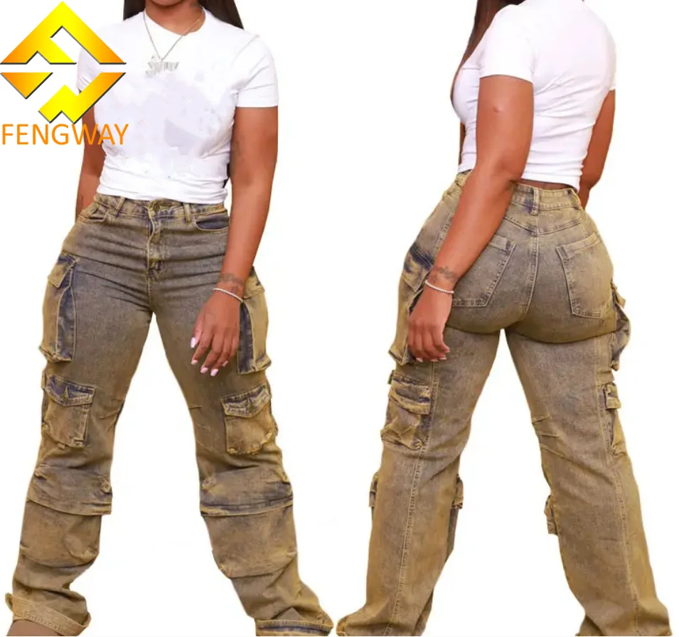 2024 Summer Women Cargo Pants Women Vintage Washed And Old Pants Casual Straight Multi Pocket Women Denim Pants