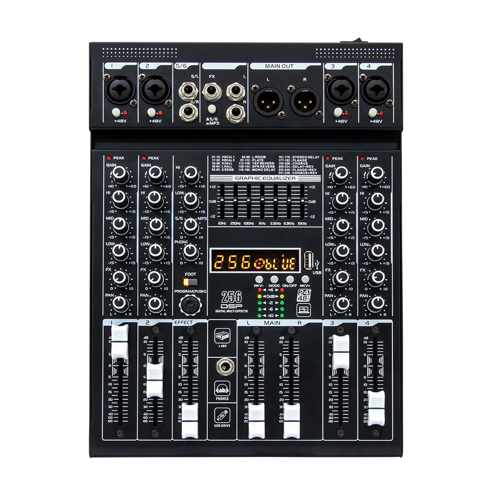 6 channel digital mixer with built-in 256 DSP USB Bluetooth reverb + 48V power live performance mixer