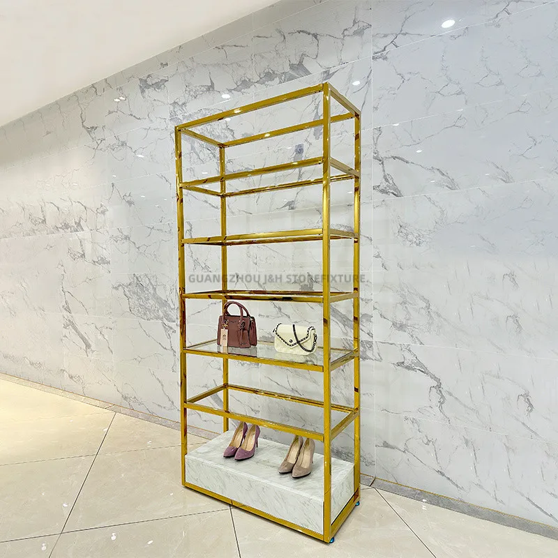 Factory wholesaler perfume display stand high end gold rack stand shelves glass acrylic cosmetic display clothes shop cabinet
