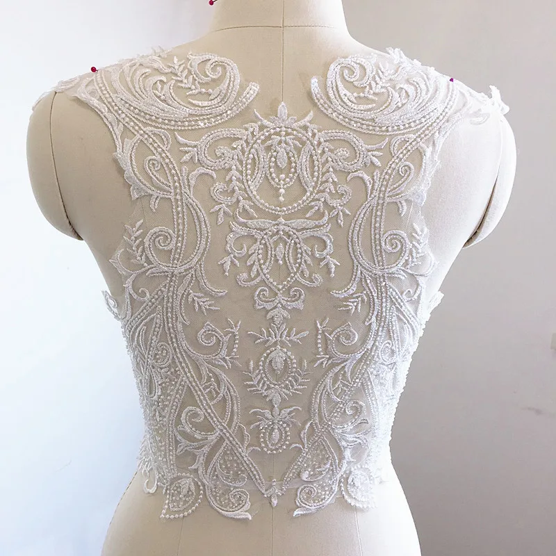 Luxury beaded lace patch wedding dress sewing lace applique white