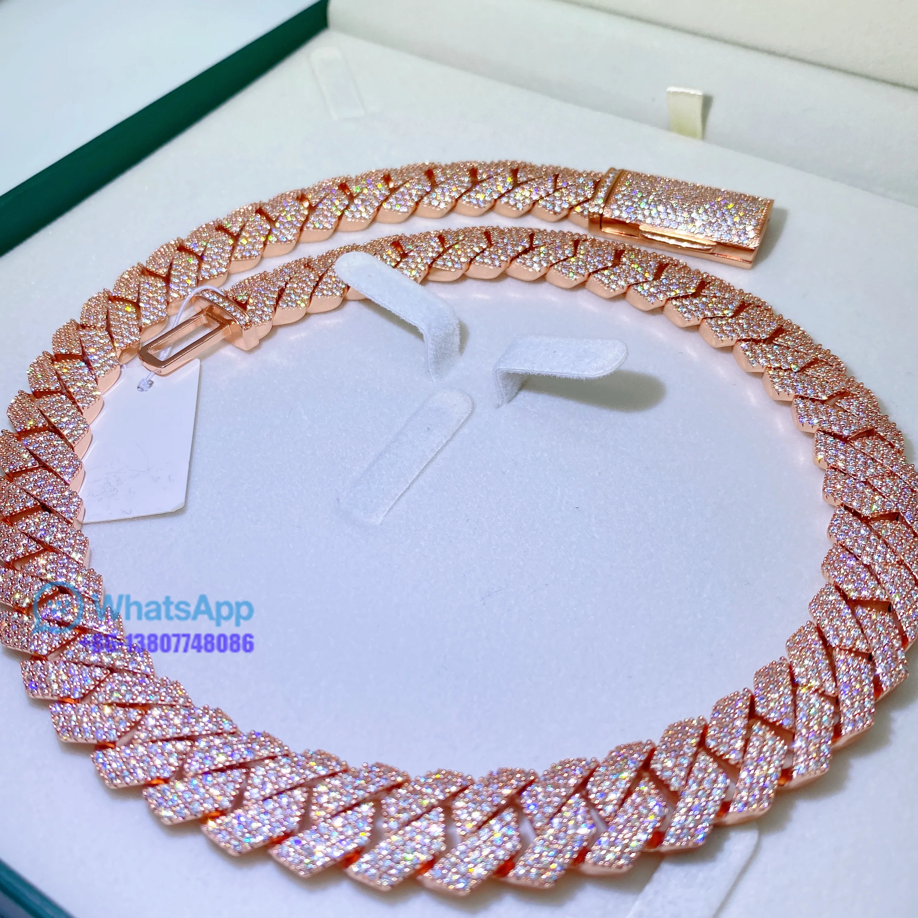 Hip Hop Jewelry ROSE Gold Plated Iced Out Cuban Link moissanite Prong Cuban Link Chain Necklace Diamond Cuban Chain