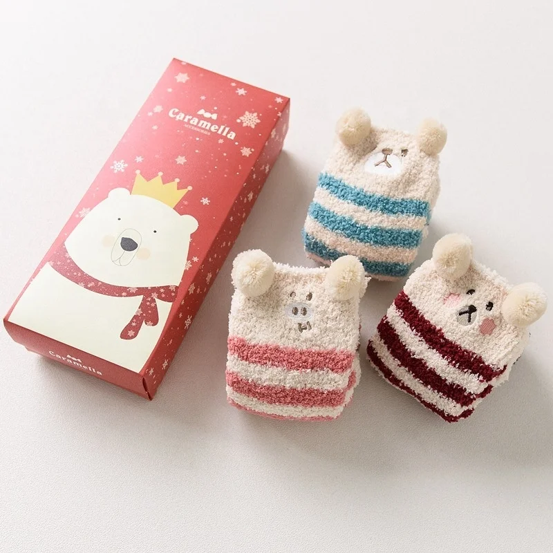 Детские Рождественские плюшевые толстые коралловые шерстяные носки для сна 3 пары подарок Детские теплые носки