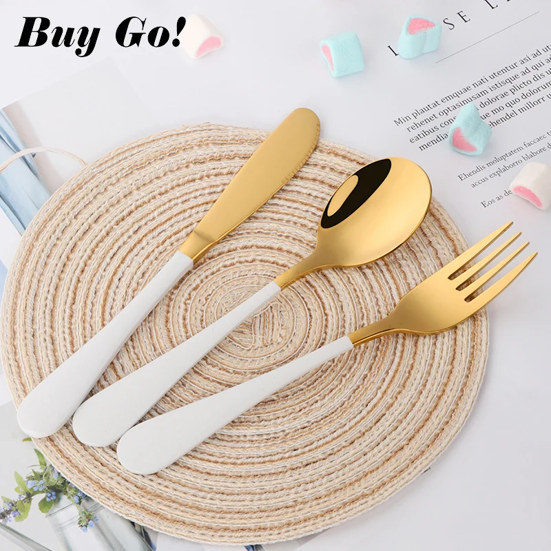 Cute Tableware Set Spoon Fork Knife Gold Stainless Steel Children Kids Cutlery Set