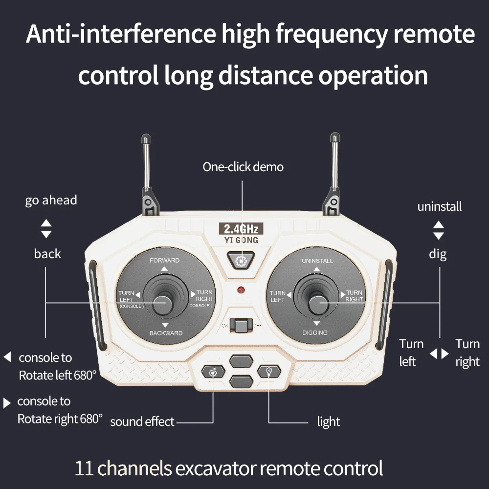 AiJH 11CH Alloy RC Excavator Car Turntable 680 Degrees Engineering Vehicle With LED Light Sound Bulldozer Toy RC Excavator Car