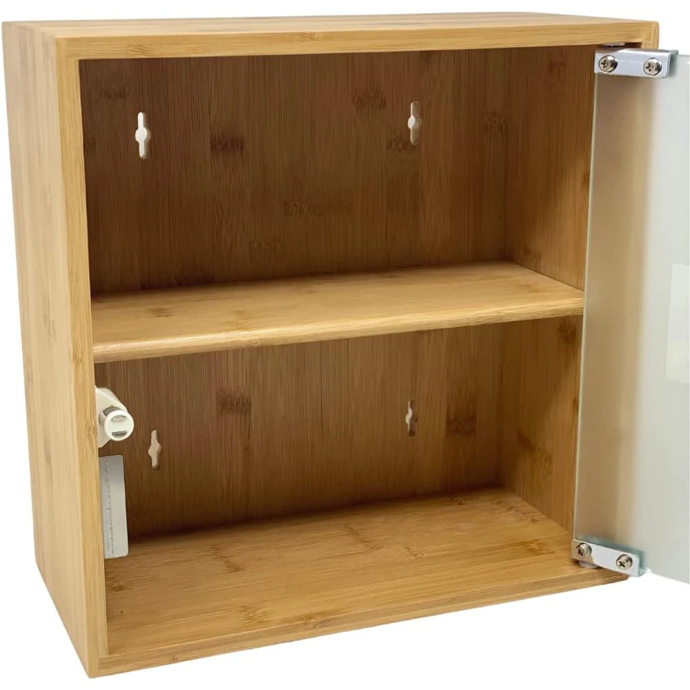 Wall Mount 2 Layer Bamboo and Glass Locking Medicine Cabinet for Bathroom or Home Use